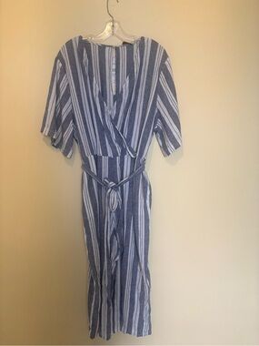 New With Tags F&F Blue and White Striped Linen Wide leg Cropped Jumpsuit Size 18
